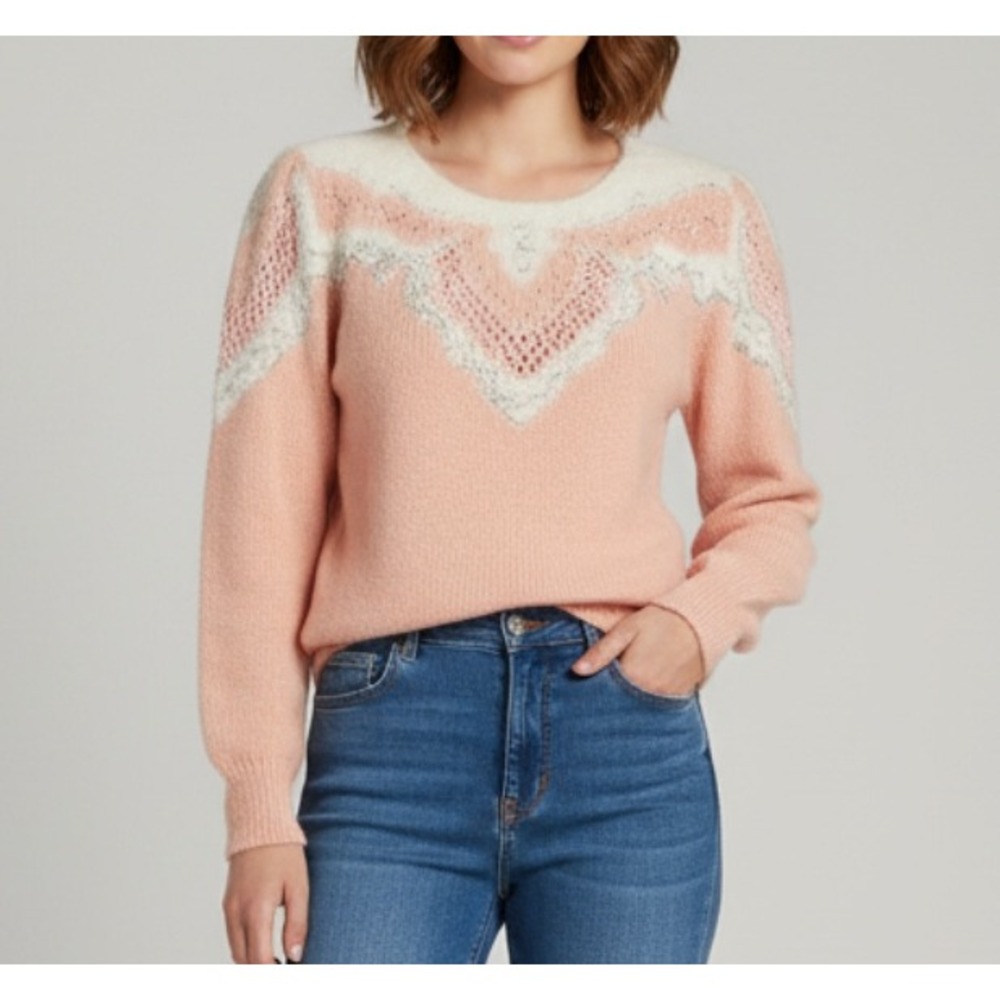 Vtg CHRISTINE Pink ANGORA BLEND Pearls/Beaded Banded Hem Knit Sweater Sz M